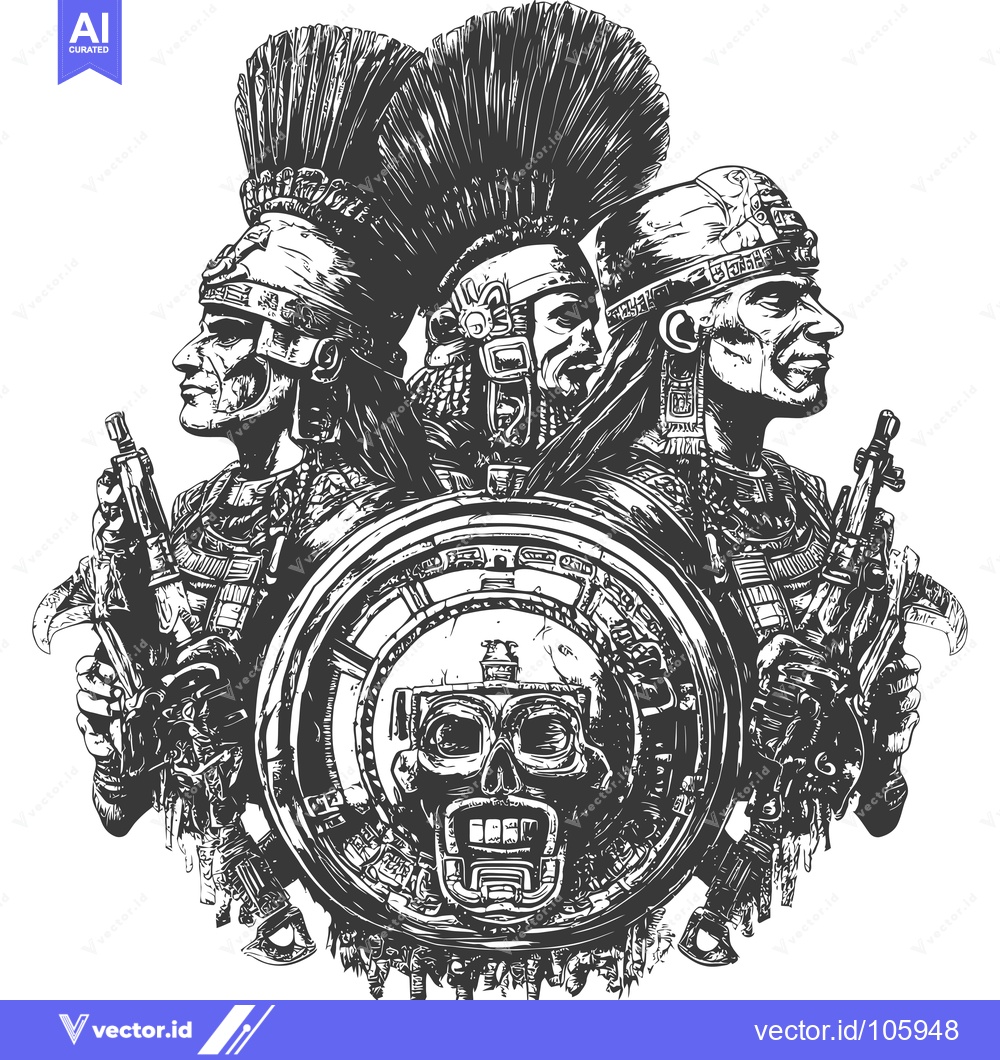 Premium Vector of Three Aztec Warriors With Guns and Skull Shield