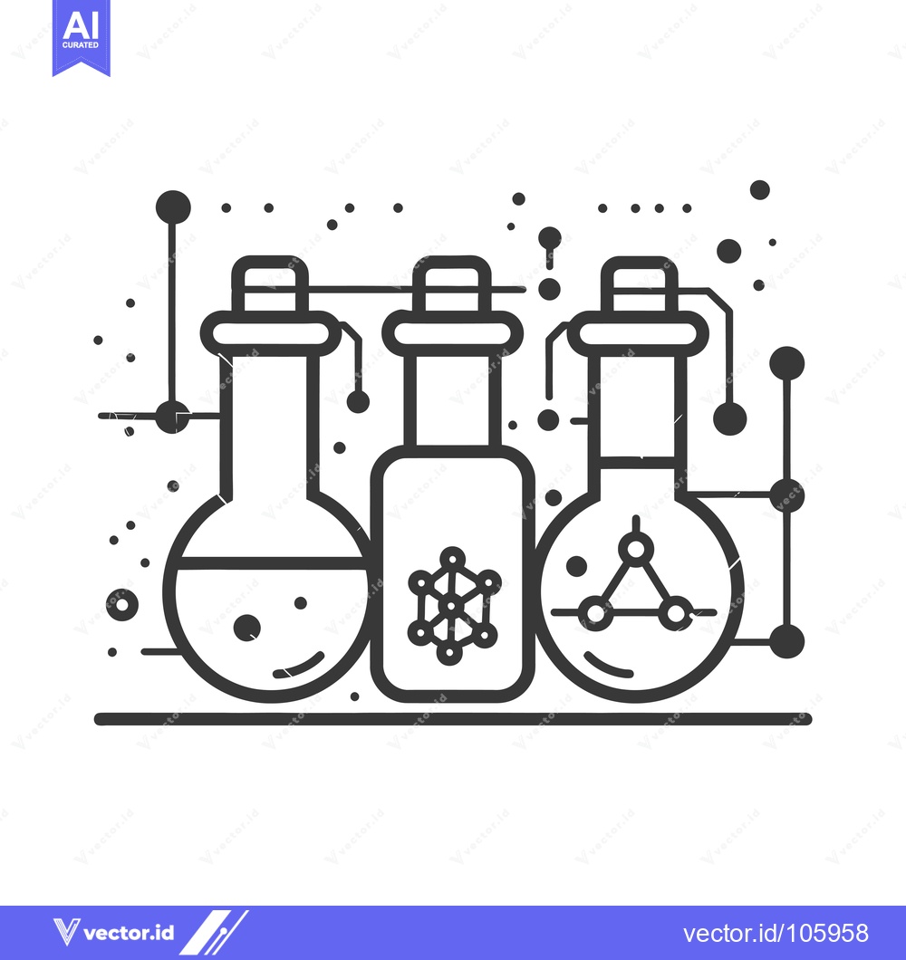 Premium Vector dari Three Beaker Flasks with Chemical Formulas and Geometric Shapes