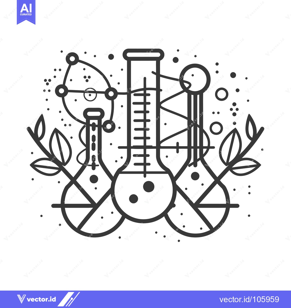 Premium Vector of Three Beaker Illustration with Leaves, Circles, and Dots