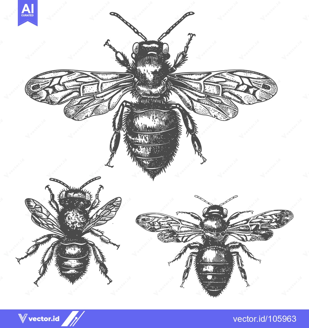 Premium Vector dari Three Bees in a Detailed Hand-Drawn Illustration