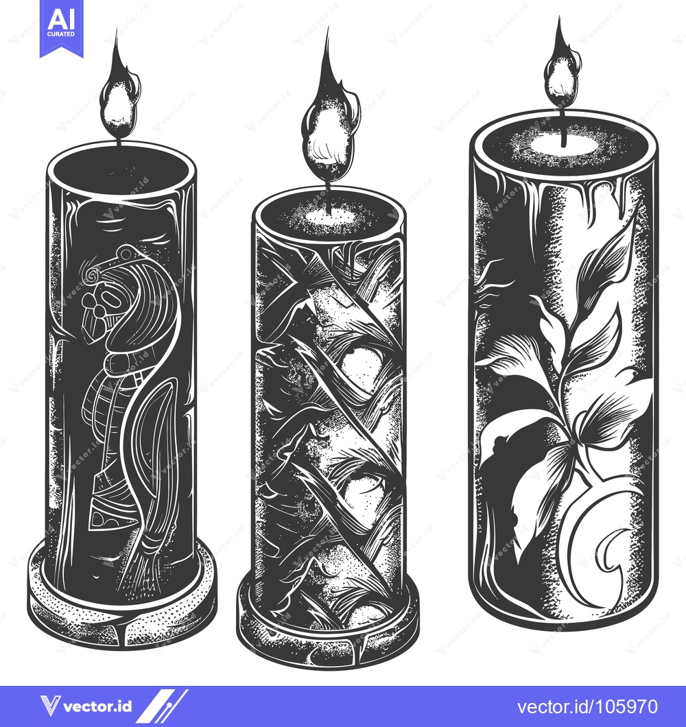 Premium Vector dari Three Black and White Candles with Intricate Designs and Flames