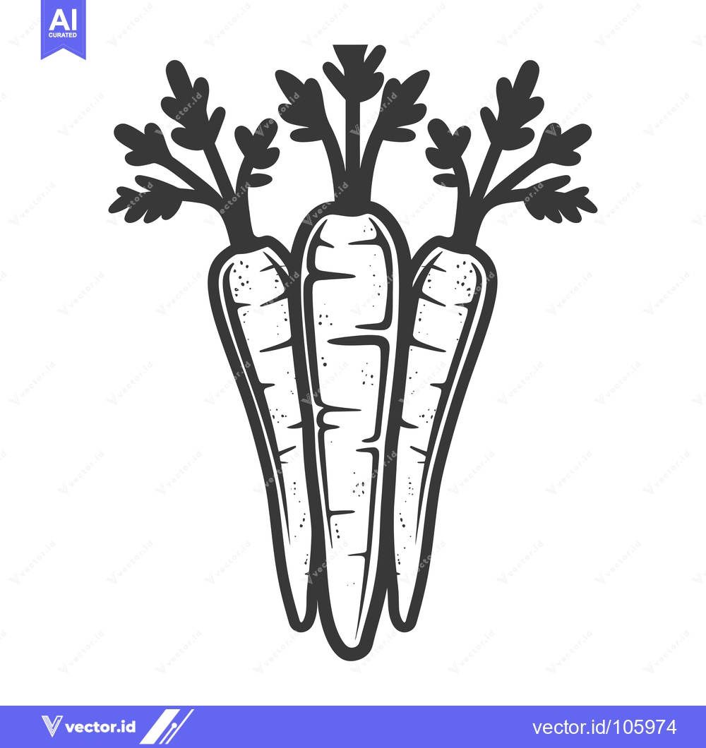 Premium Vector of Three Black and White Carrots with Green Tops