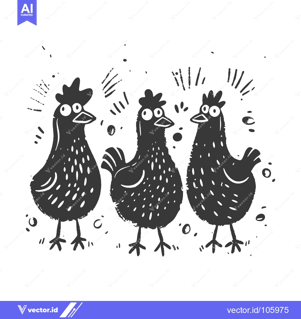 Premium Vector dari Three Black and White Cartoon Chickens with Large Eyes
