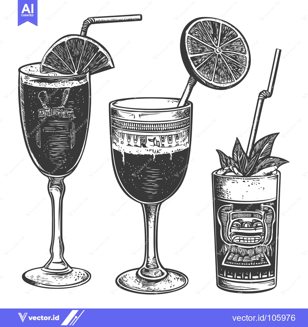 Premium Vector of Three Black and White Cocktails with Lemon and Mint Garnishes