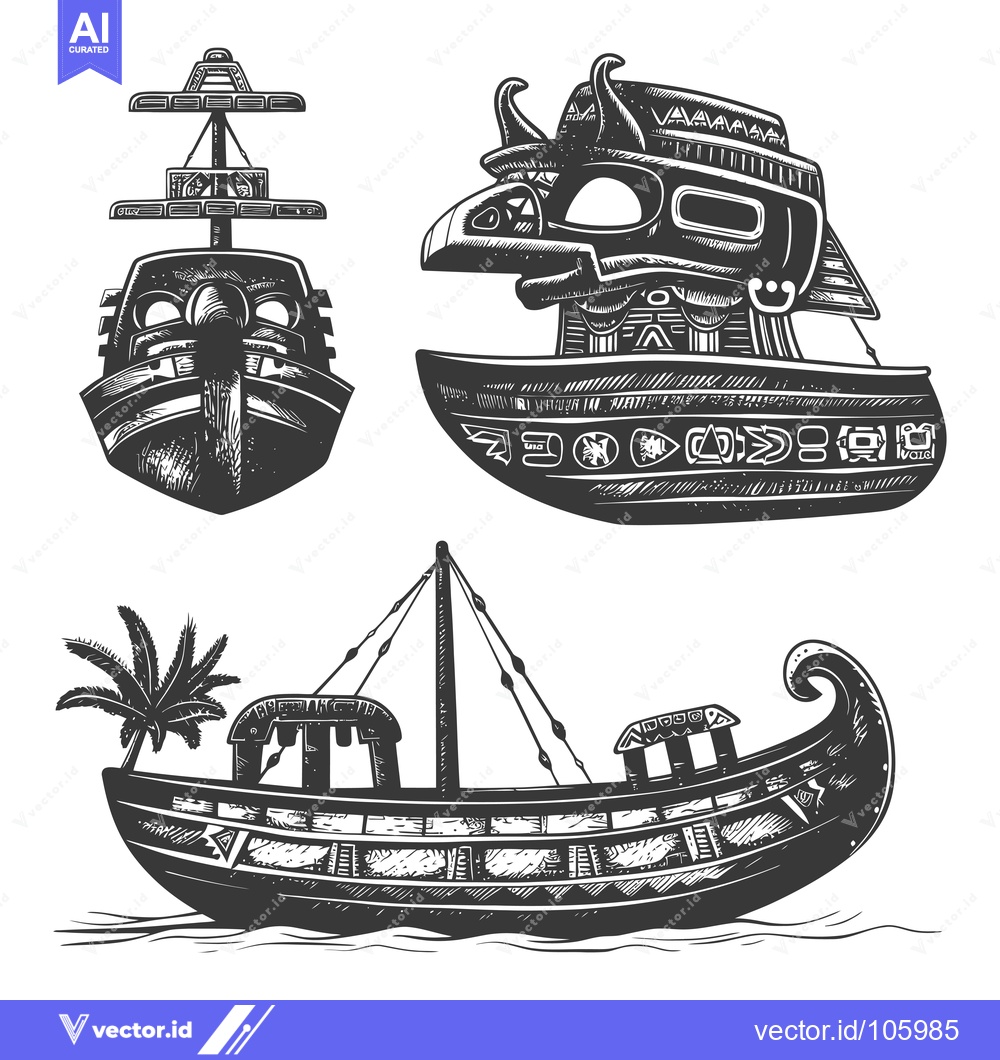 Premium Vector dari Three Black And White Drawings Of Ancient Boats
