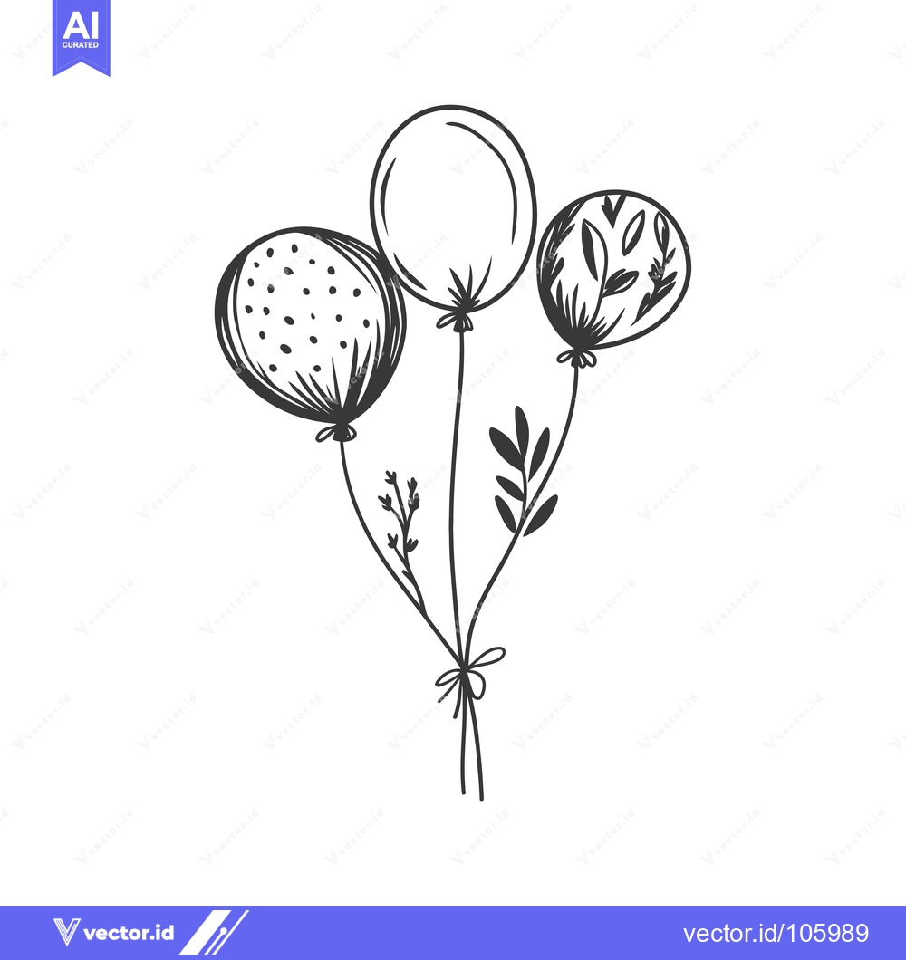 Premium Vector dari Three Black and White Hand Drawn Balloons with Floral Patterns