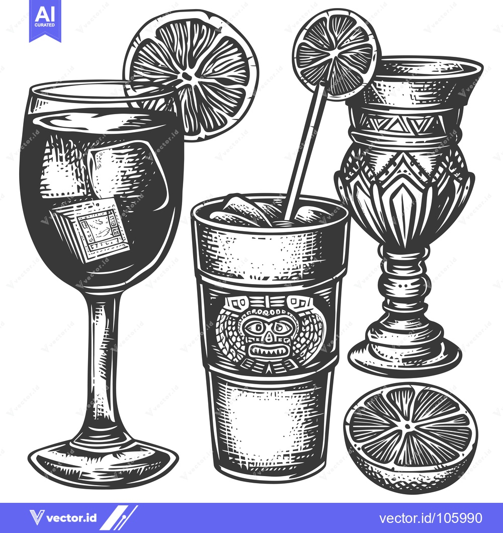 Premium Vector dari Three Black and White Hand-Drawn Cocktails with Citrus Garnishes