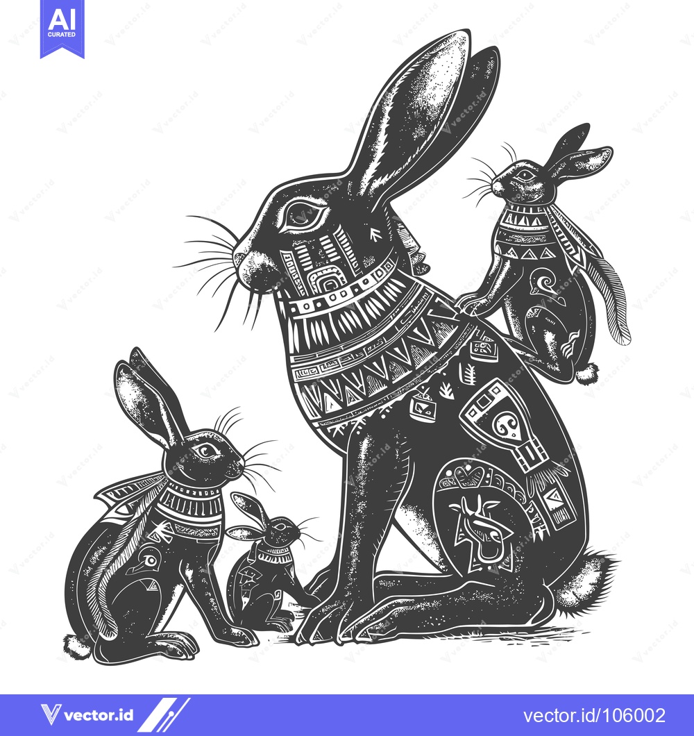 Premium Vector dari Three Black and White Rabbits with Tribal Patterns