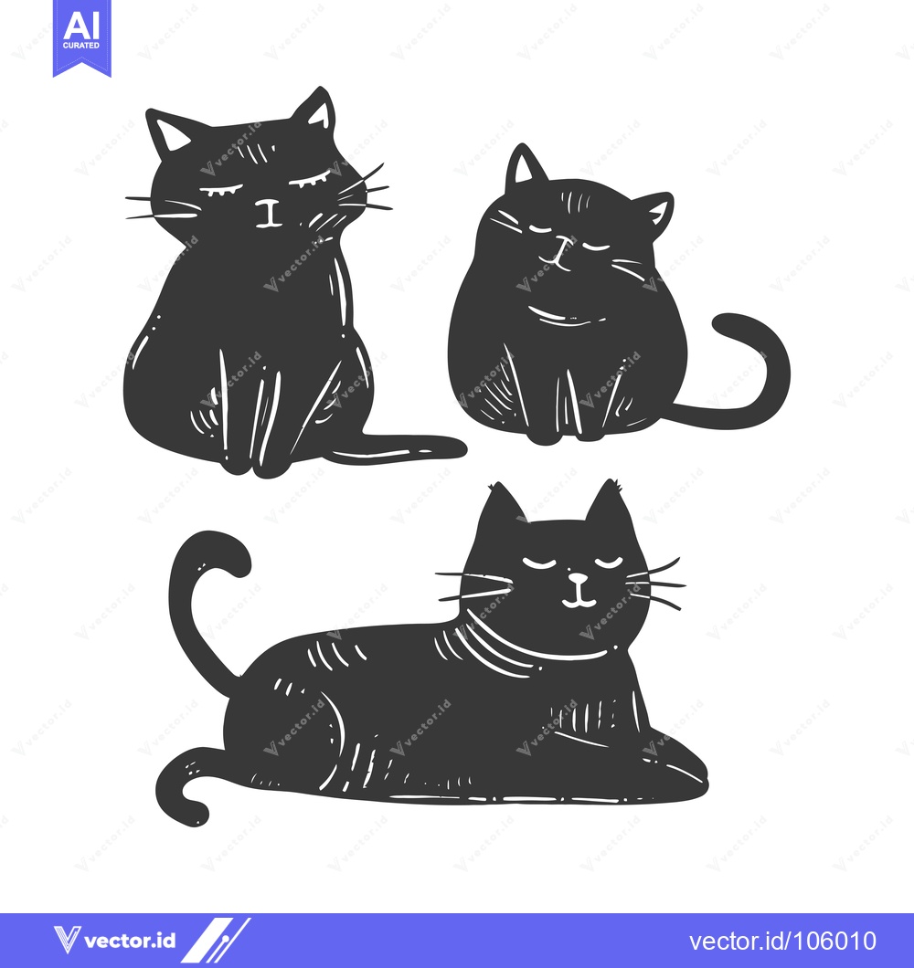 Premium Vector of Three Black Cats in Different Poses with Closed Eyes