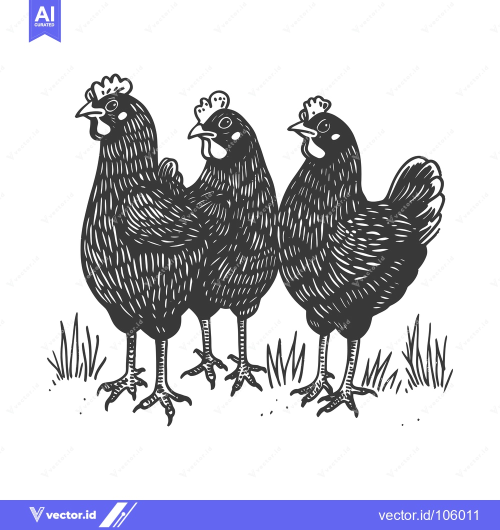 Premium Vector dari Three Black Hens Standing in a Field of Grass