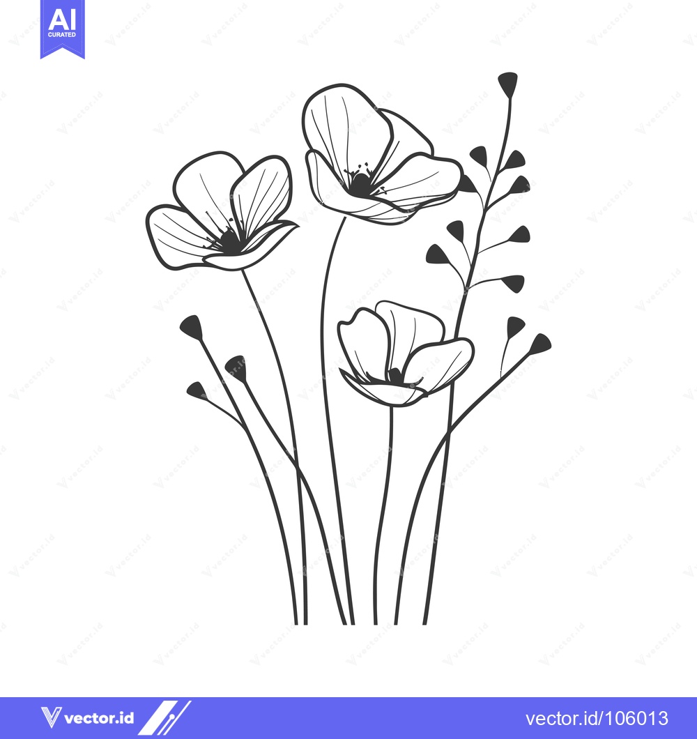 Premium Vector of Three Black Line-Drawn Flowers with Stems and Leaves