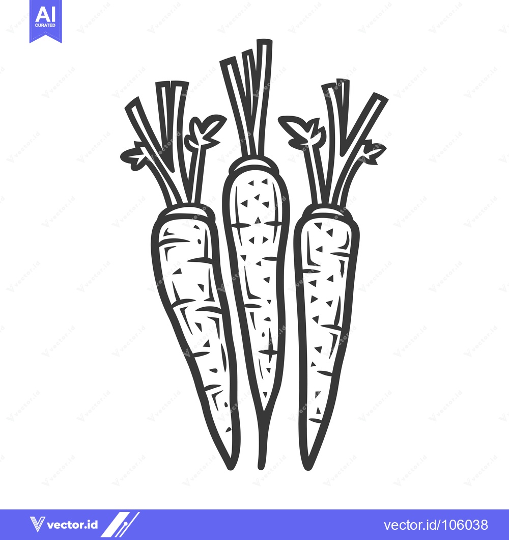 Premium Vector dari Three Carrots with Green Tops in Black and White Line Art