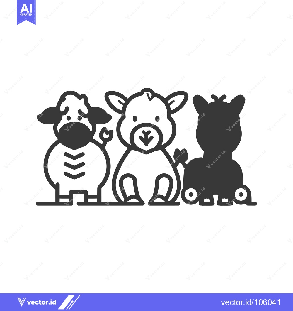 Premium Vector of Three Cartoon Animals, Sheep, Cow, and Donkey, Sitting in a Row