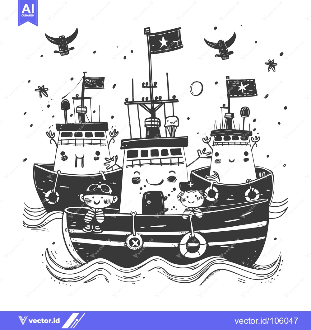 Premium Vector of Three Cartoon Boats with Smiling Faces and Sailors