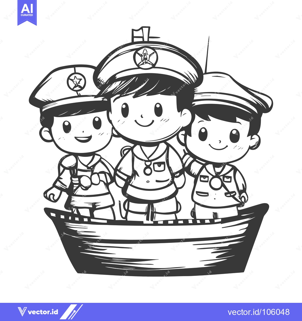 Premium Vector dari Three Cartoon Boys Dressed as Scouts in a Boat