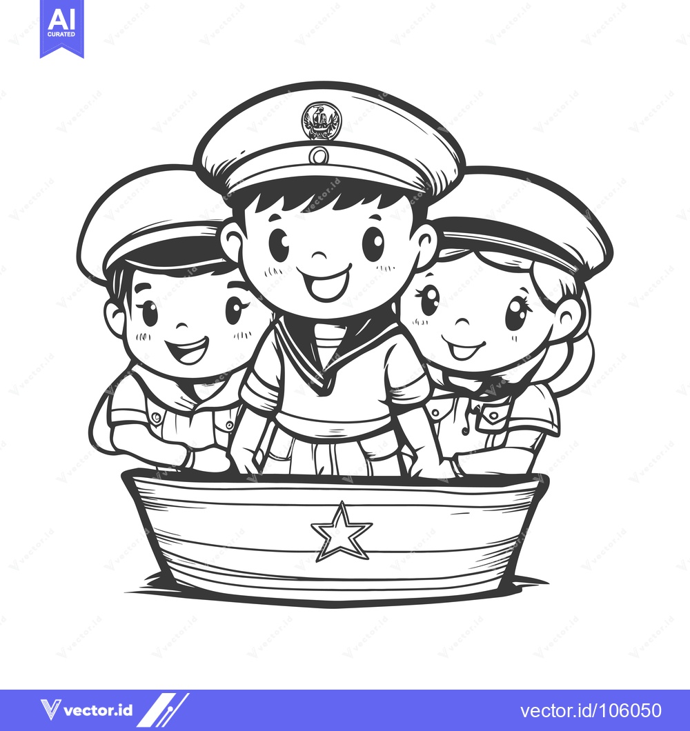 Premium Vector of Three Cartoon Children Wearing Sailor Hats and Standing in a Boat