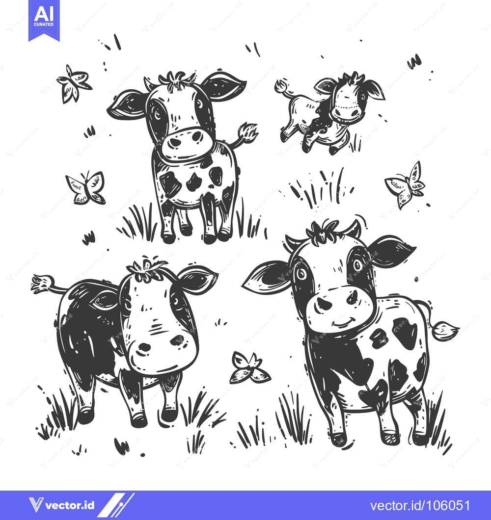 Premium Vector dari Three Cartoon Cows and Butterflies in a Field