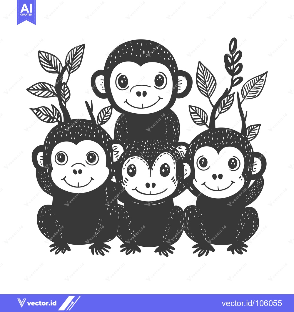 Premium Vector of Three Cartoon Monkeys Smiling With Leaves Behind Them