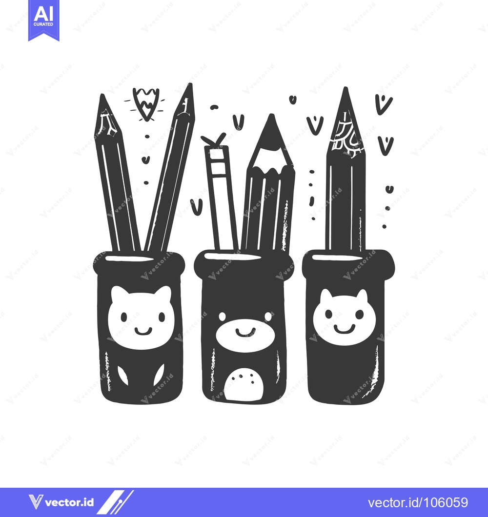 Premium Vector dari Three Cartoon Pencils in Cute Holders with Faces