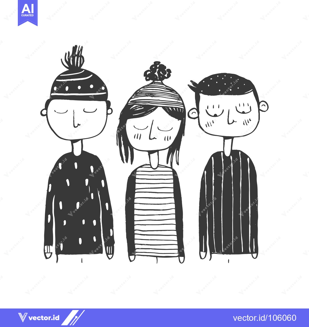 Premium Vector of Three Cartoon People in Winter Clothing with Eyes Closed