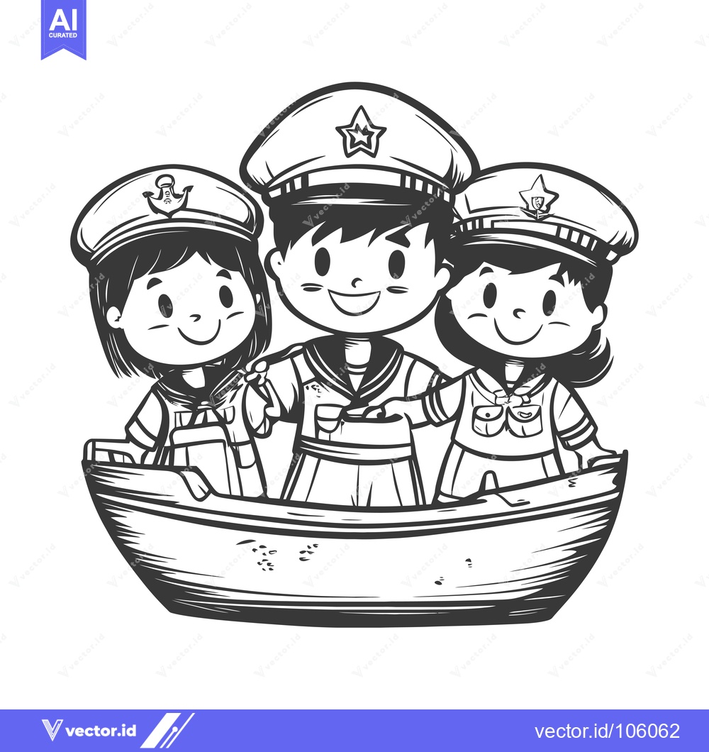 Premium Vector dari Three Cartoon Sailors in a Wooden Boat