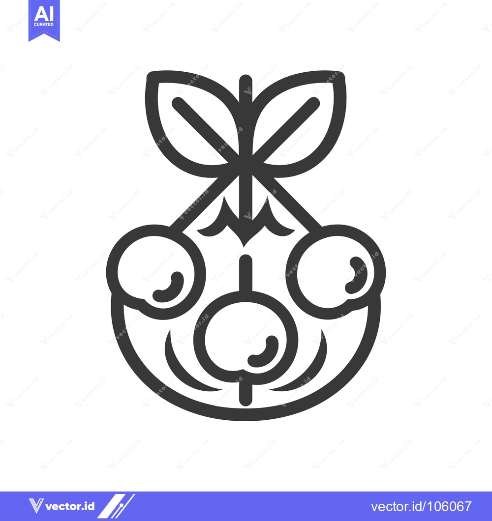 Premium Vector of Three Cherries with Stem and Leaves, Line Art Illustration