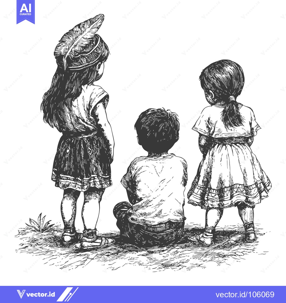 Premium Vector of Three Children Facing Away From The Viewer, One With A Feather Headdre