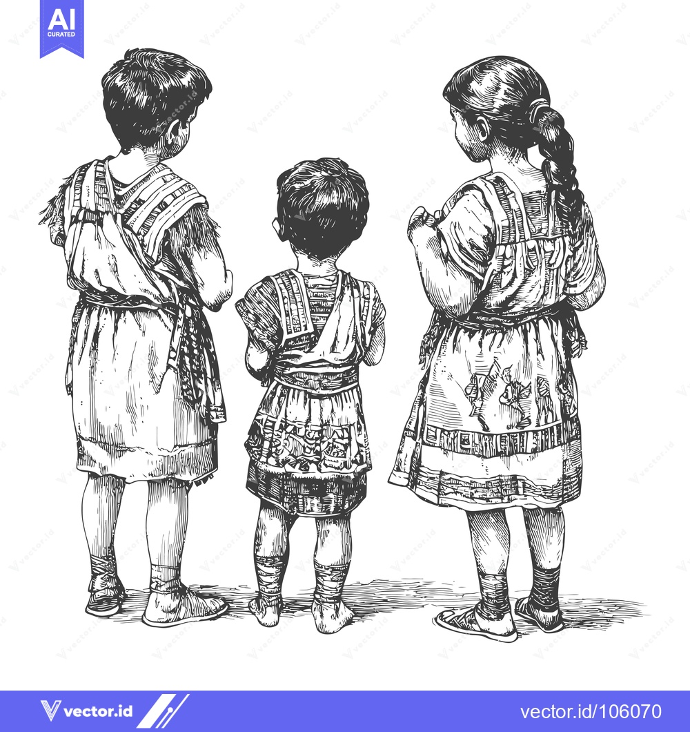 Premium Vector of Three Children in Traditional Clothing Standing Back to Back