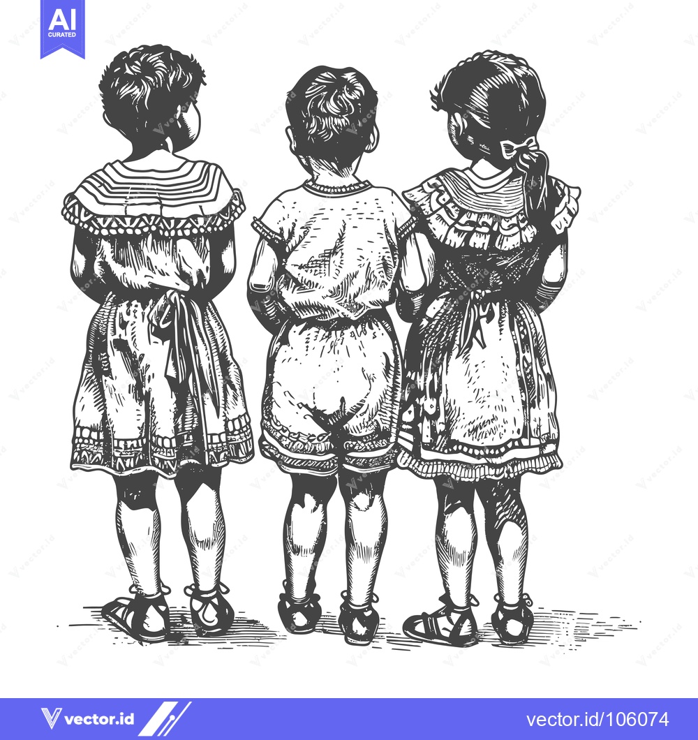 Premium Vector dari Three Children Standing Back to Back in Vintage Illustration