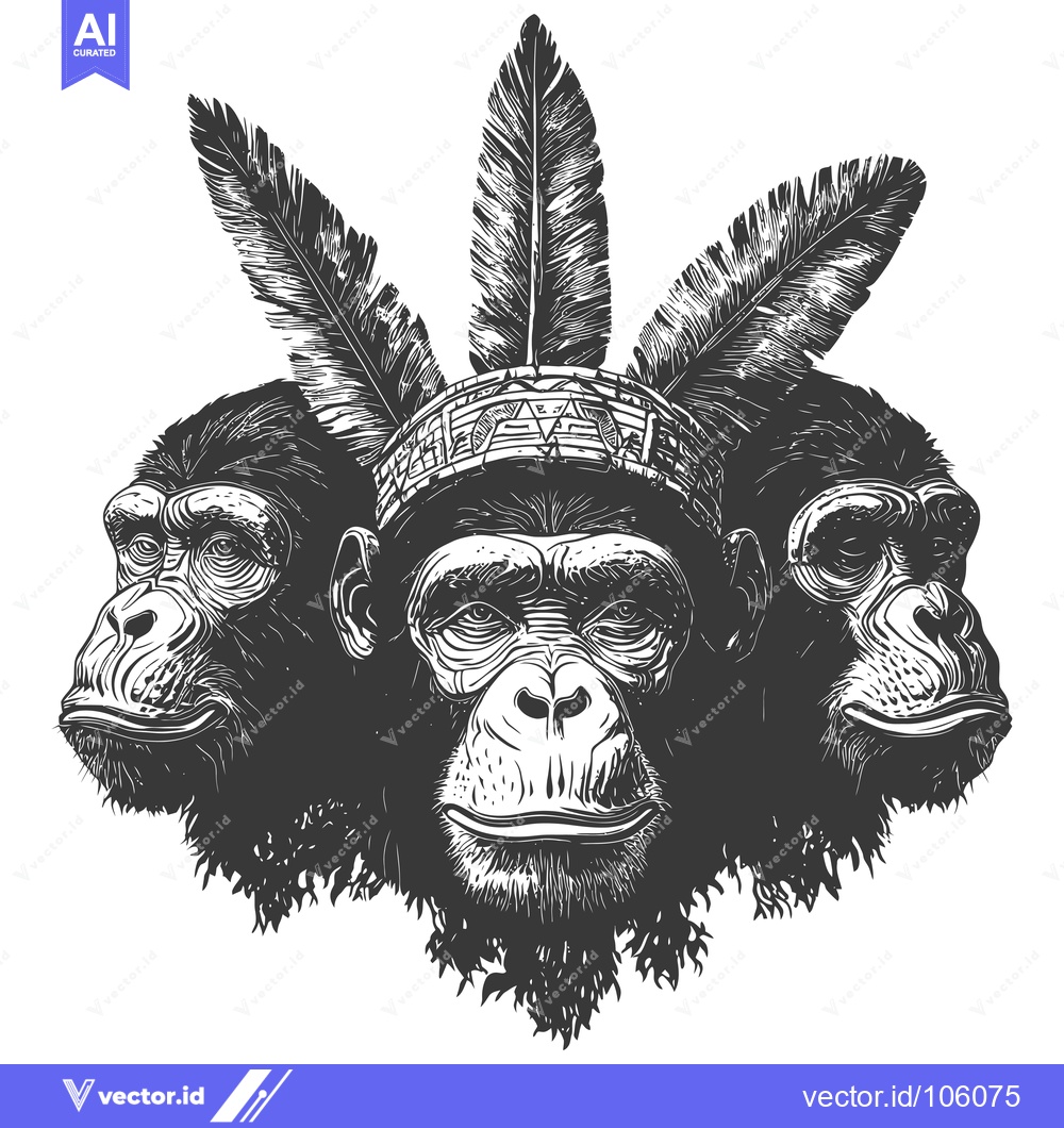 Premium Vector of Three Chimpanzee Faces with Feathers and Headband