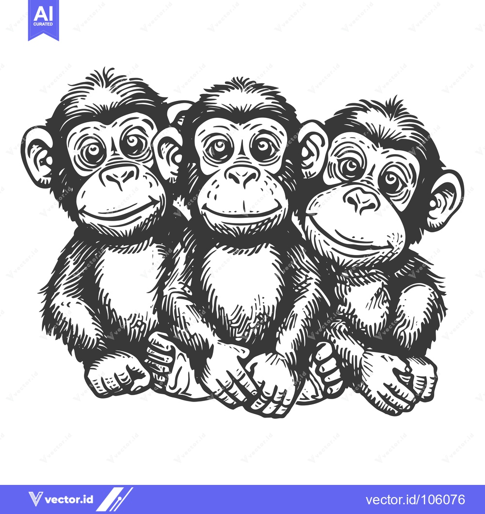 Premium Vector of Three Chimpanzees Sitting Together in a Hand-Drawn Illustration