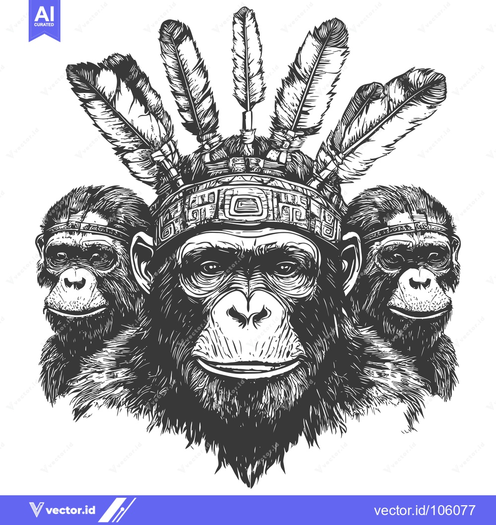 Premium Vector of Three Chimpanzees Wearing a Feather Headdress and a Geometric Band