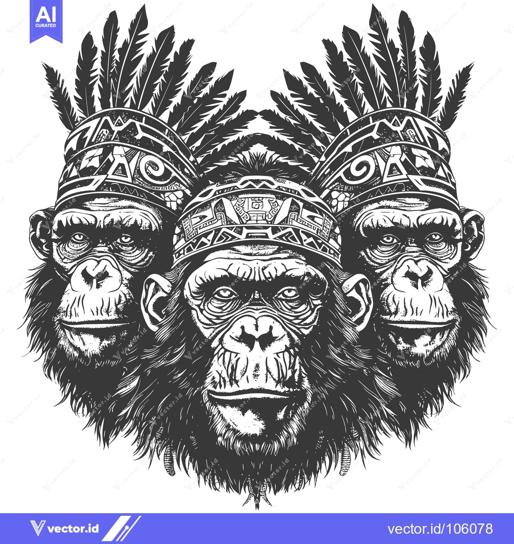 Premium Vector dari Three Chimpanzees Wearing Traditional Headwear with Feathers