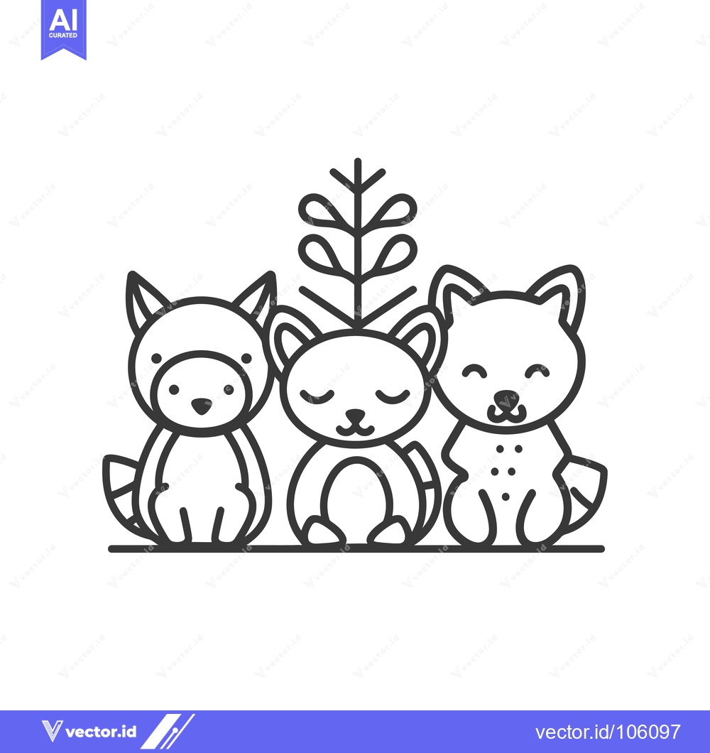 Premium Vector of Three Cute Animals Sitting Together in Front of a Plant