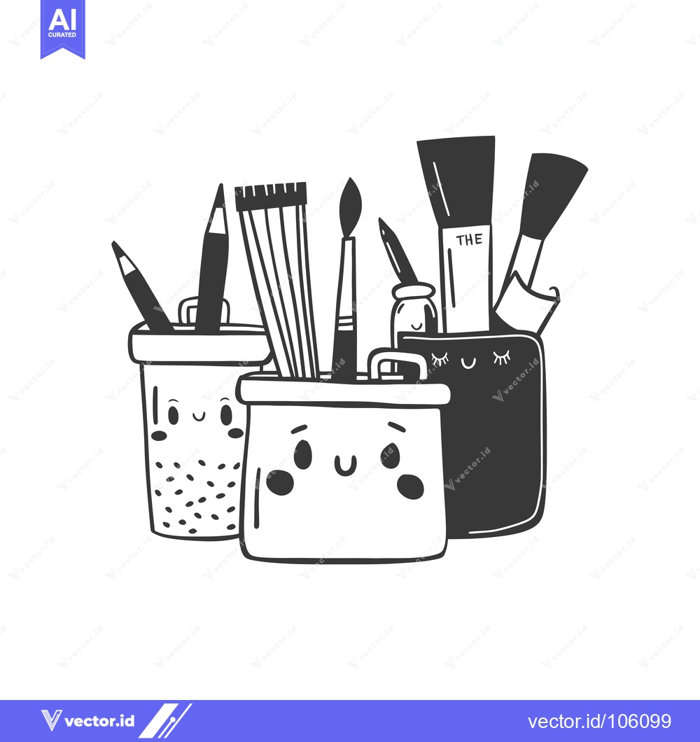 Premium Vector dari Three Cute Cartoon Pencil Holders with Supplies