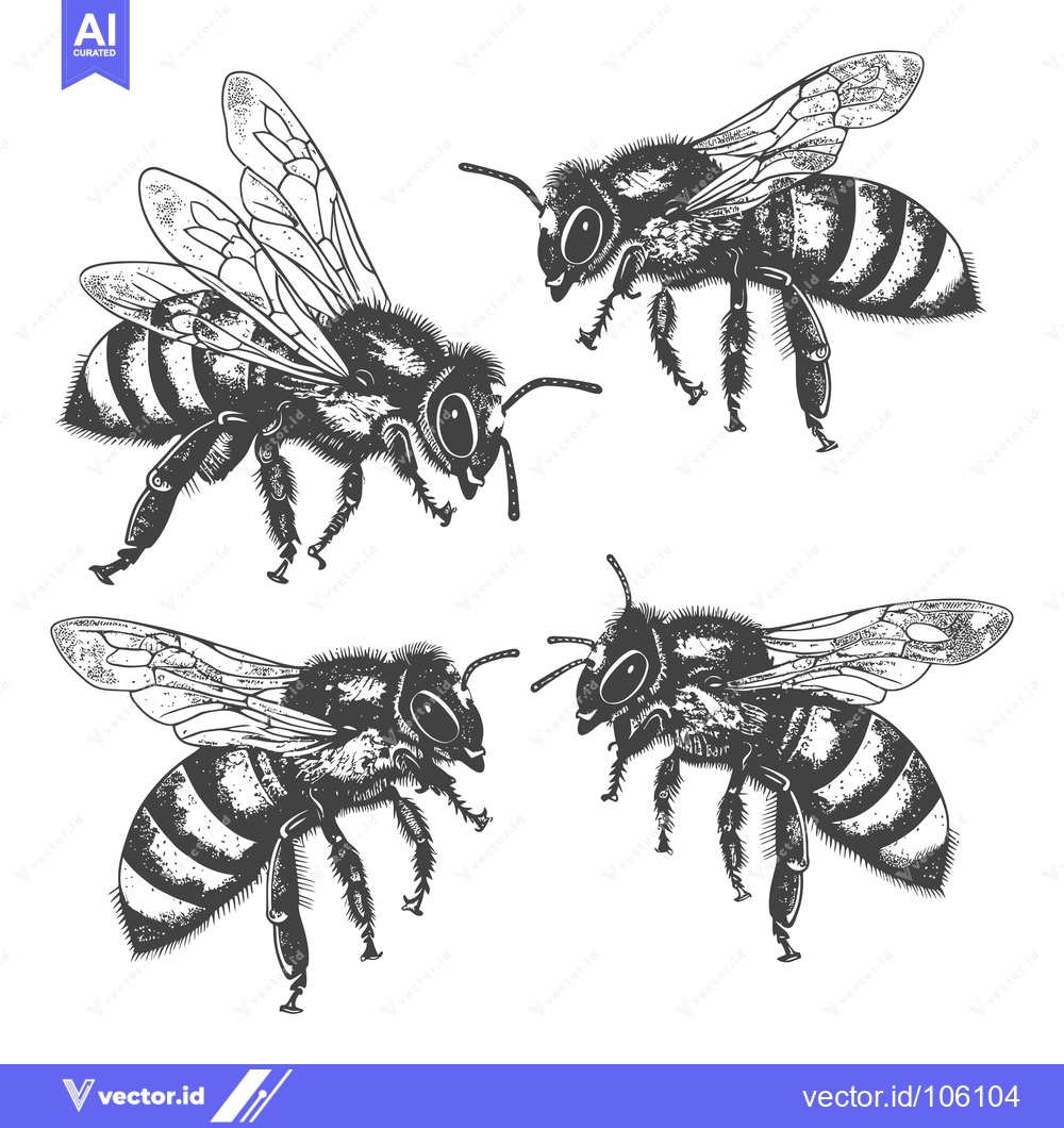 Premium Vector of Three Detailed Black and White Bees In Flight