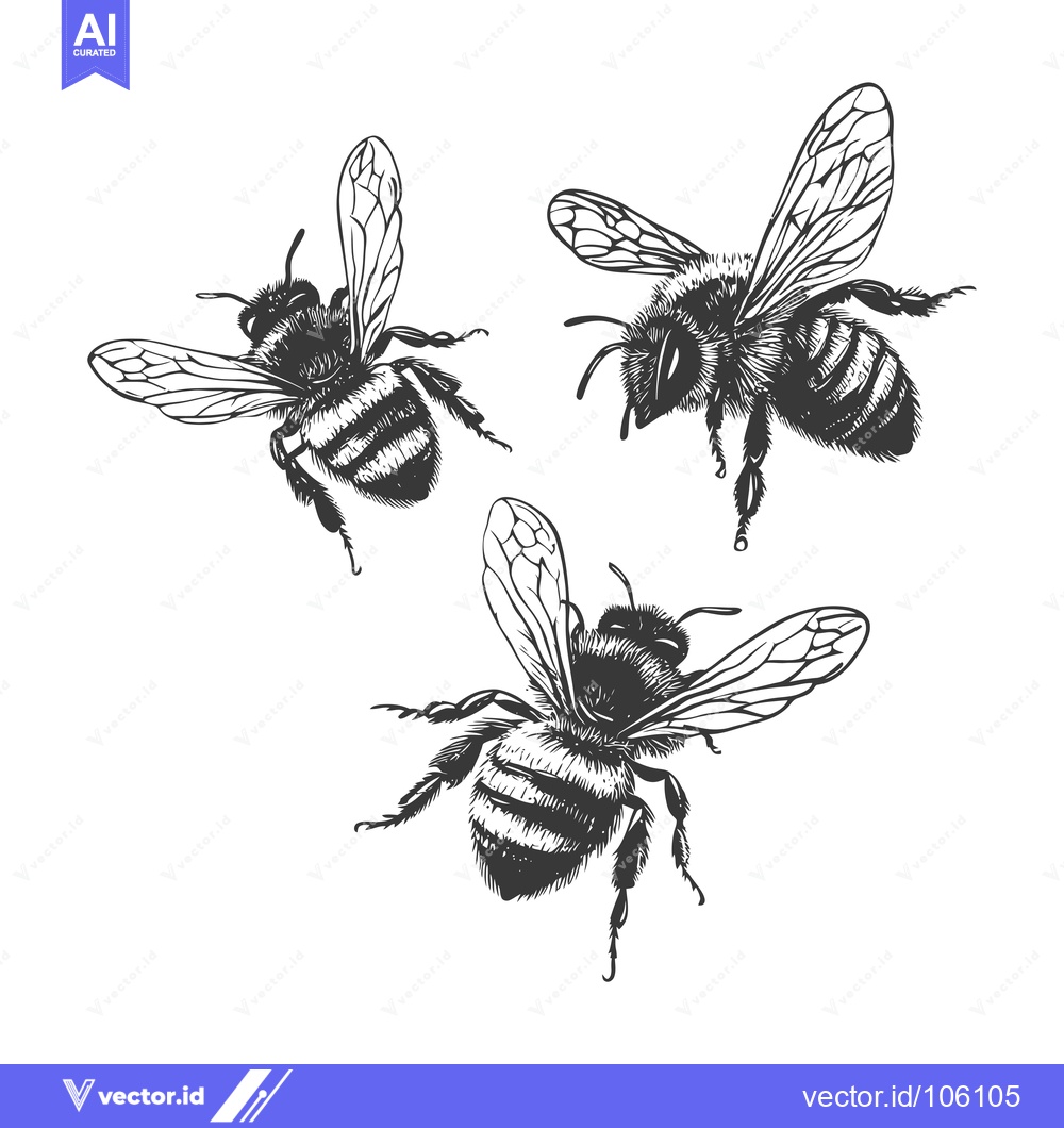 Premium Vector of Three Detailed Black and White Bees in Flight