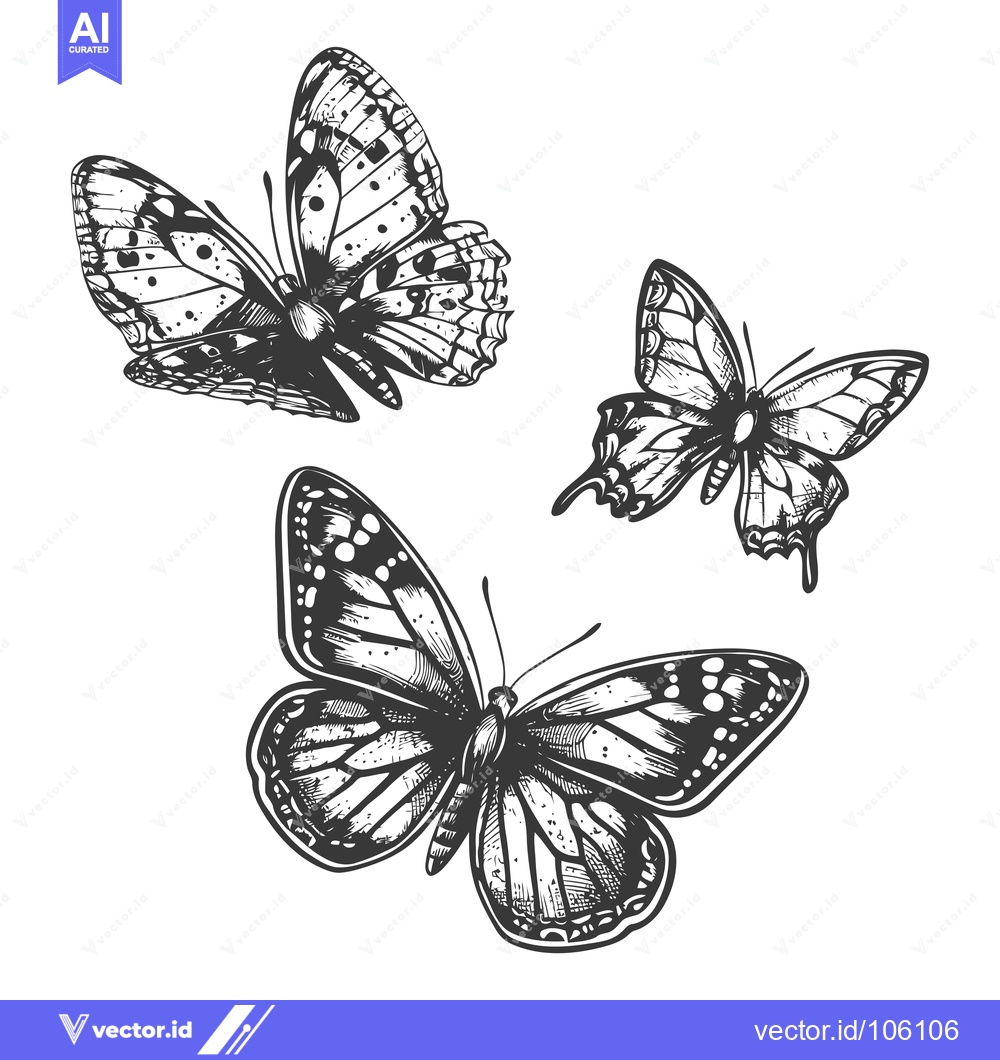 Premium Vector dari Three Detailed Black and White Butterflies in Flight