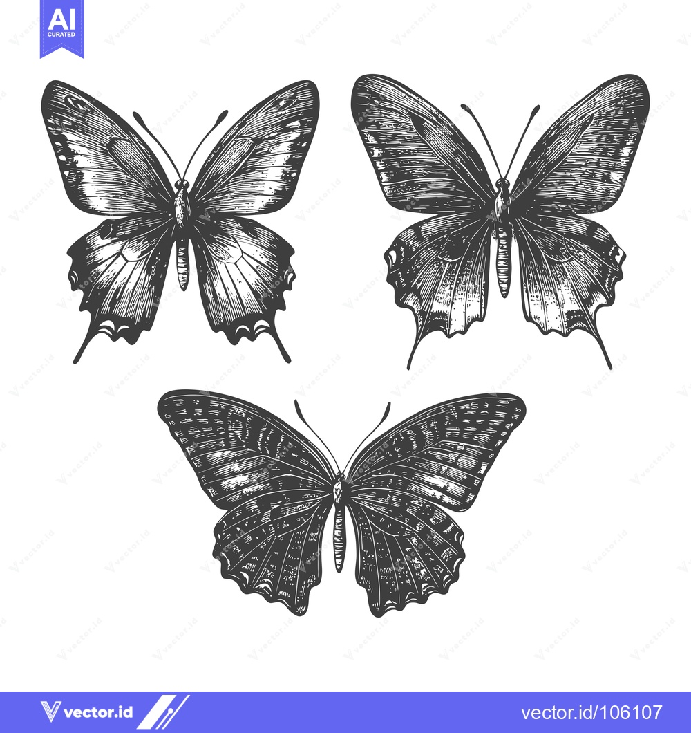 Premium Vector dari Three Detailed Black and White Butterflies with Spread Wings