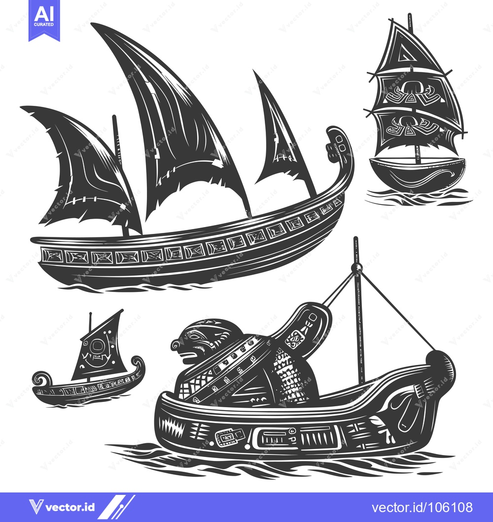 Premium Vector of Three Detailed Black and White Illustrations of Ancient Ships