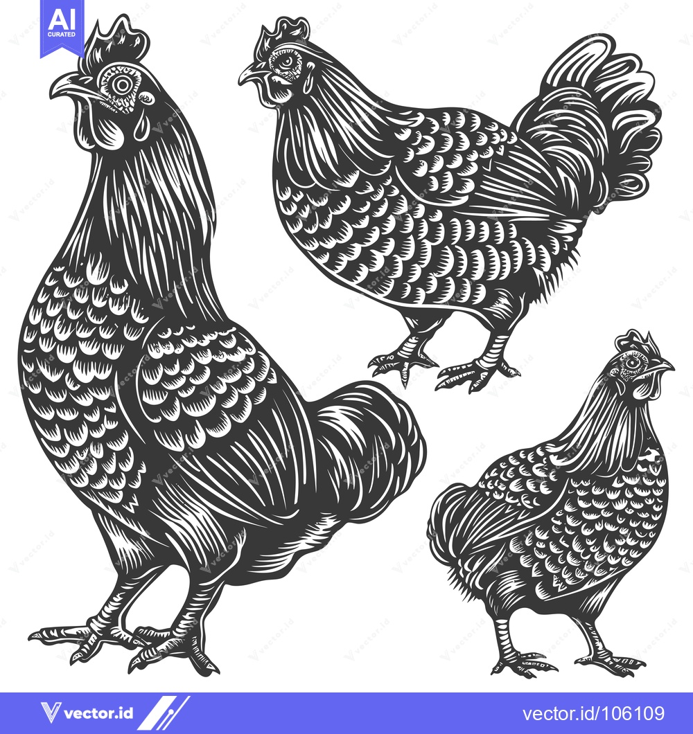 Premium Vector of Three Detailed Black and White Illustrations of Chickens