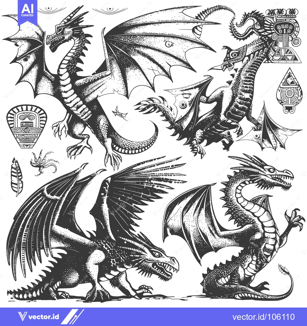 Premium Vector dari Three Detailed Dragons with Stylized Decorations