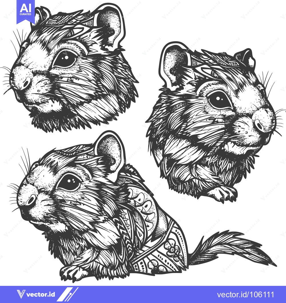 Premium Vector dari Three Detailed Drawings of a Gerbil in Black and White