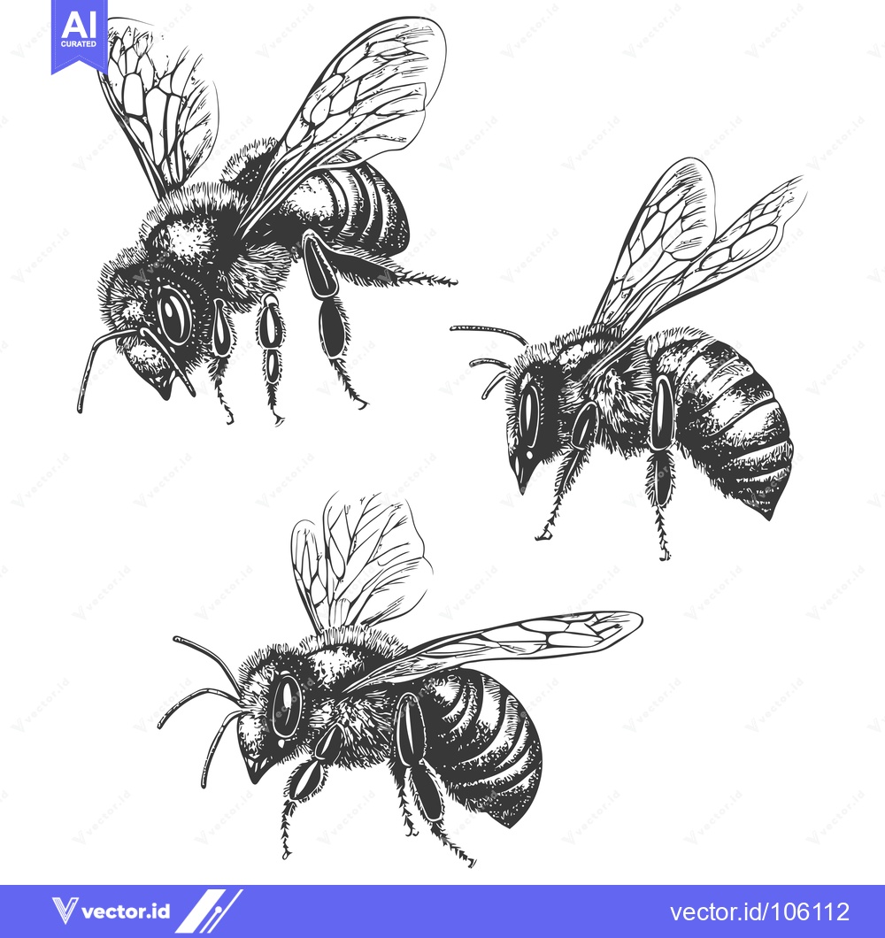 Premium Vector dari Three Detailed Hand-Drawn Bees in Flight