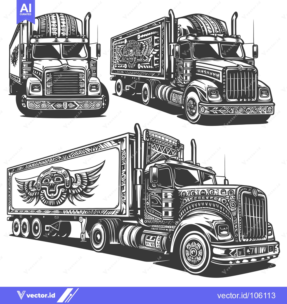 Premium Vector dari Three Detailed Illustrations of Black and White Semi-Trucks with Aztec