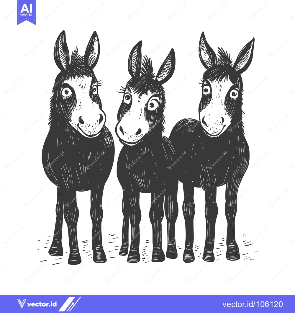 Premium Vector dari Three Donkeys Standing Together with Big Eyes