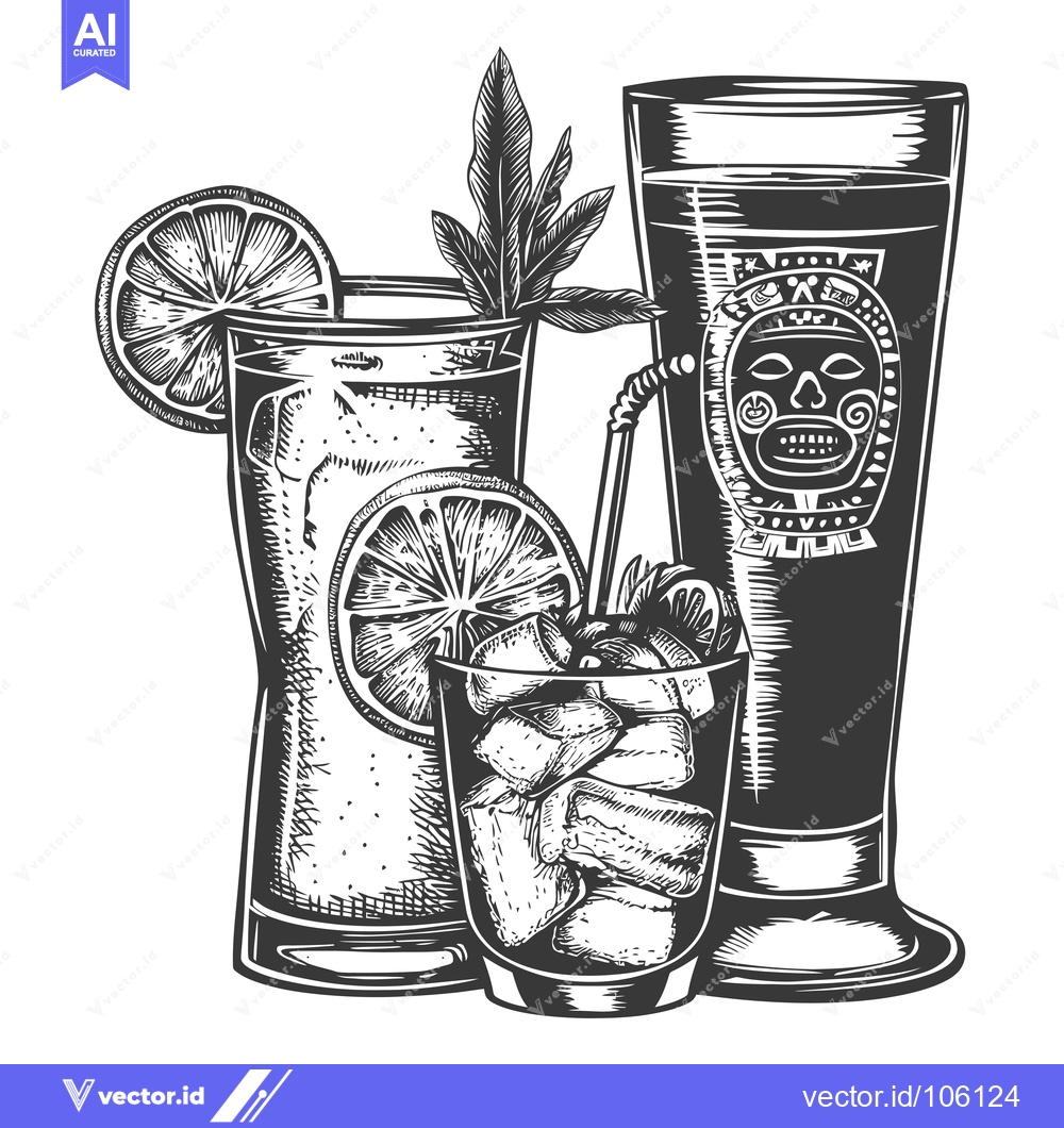 Premium Vector of Three Engraved Glasses with Citrus, Ice, and a Tiki Mask