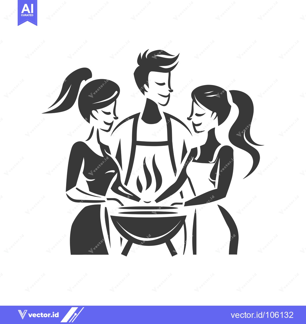 Premium Vector of Three Friends Cooking Over a Charcoal Grill