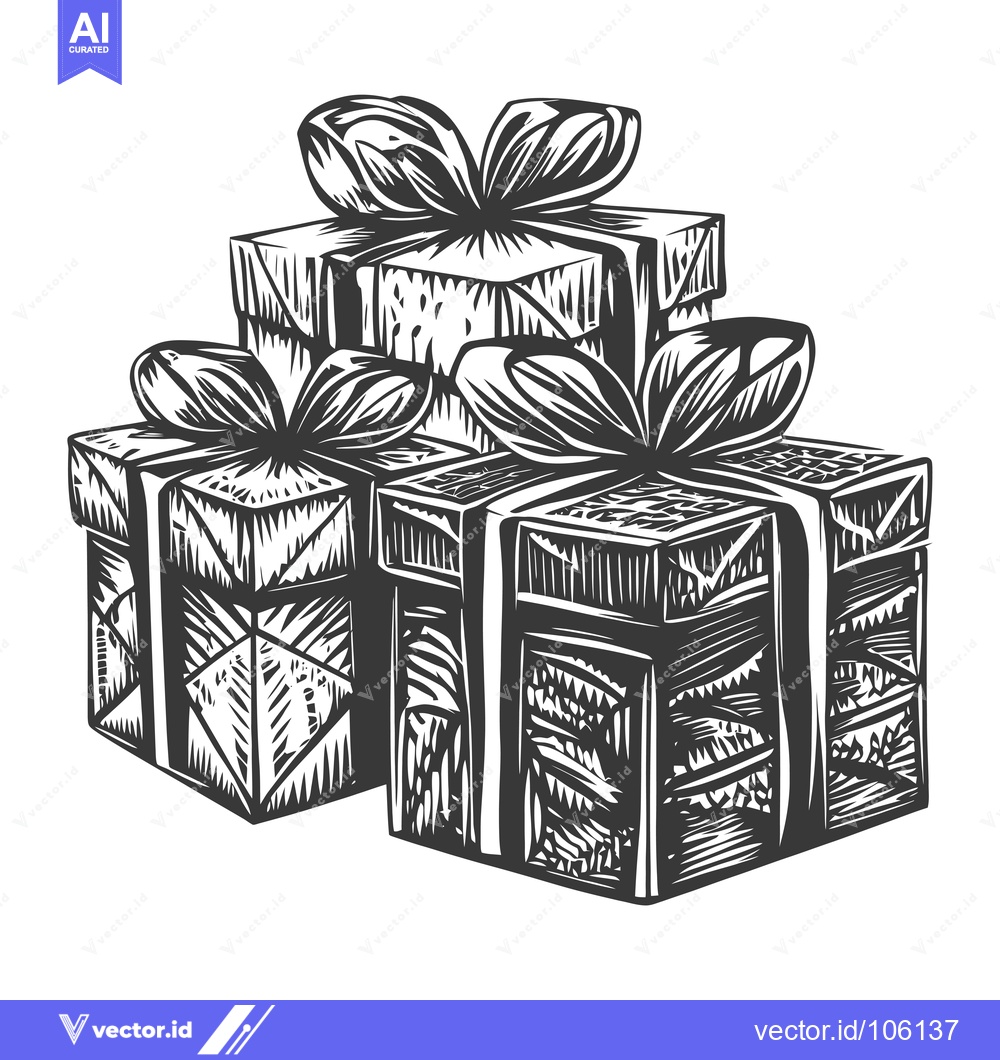 Premium Vector dari Three Gift Boxes with Bows in a Woodcut Style