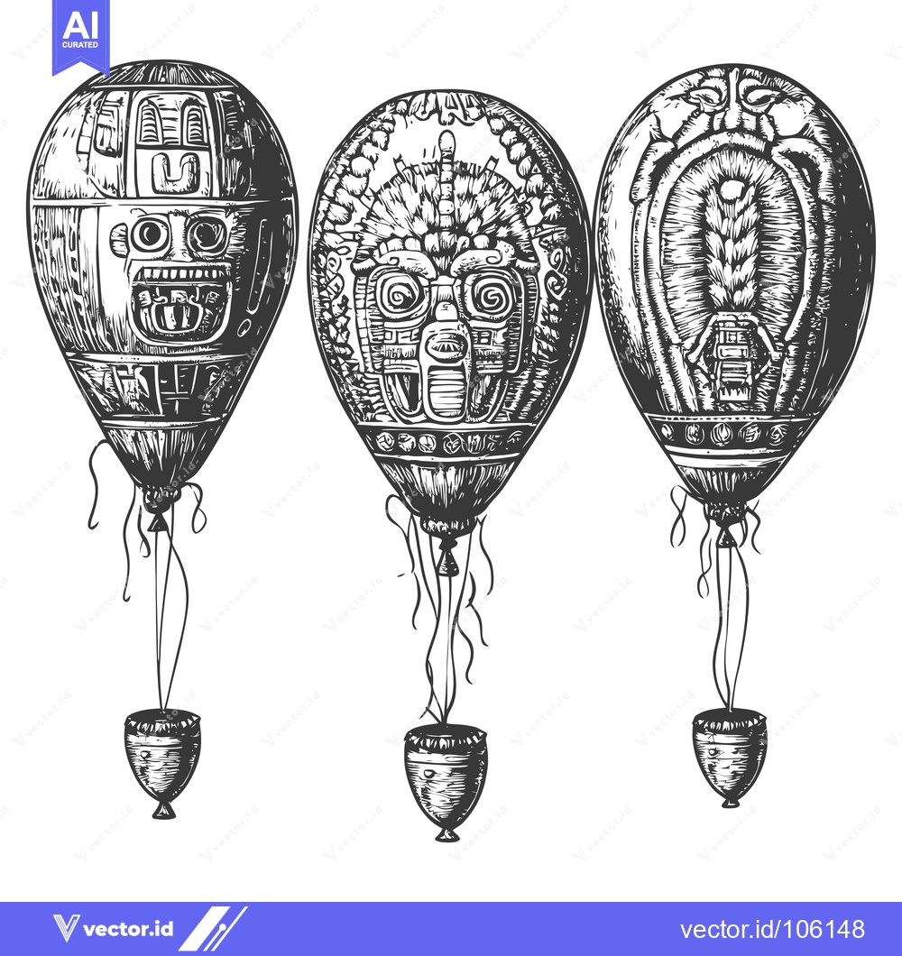 Premium Vector of Three Hand-Drawn Balloons Decorated with Ancient Mayan Motifs